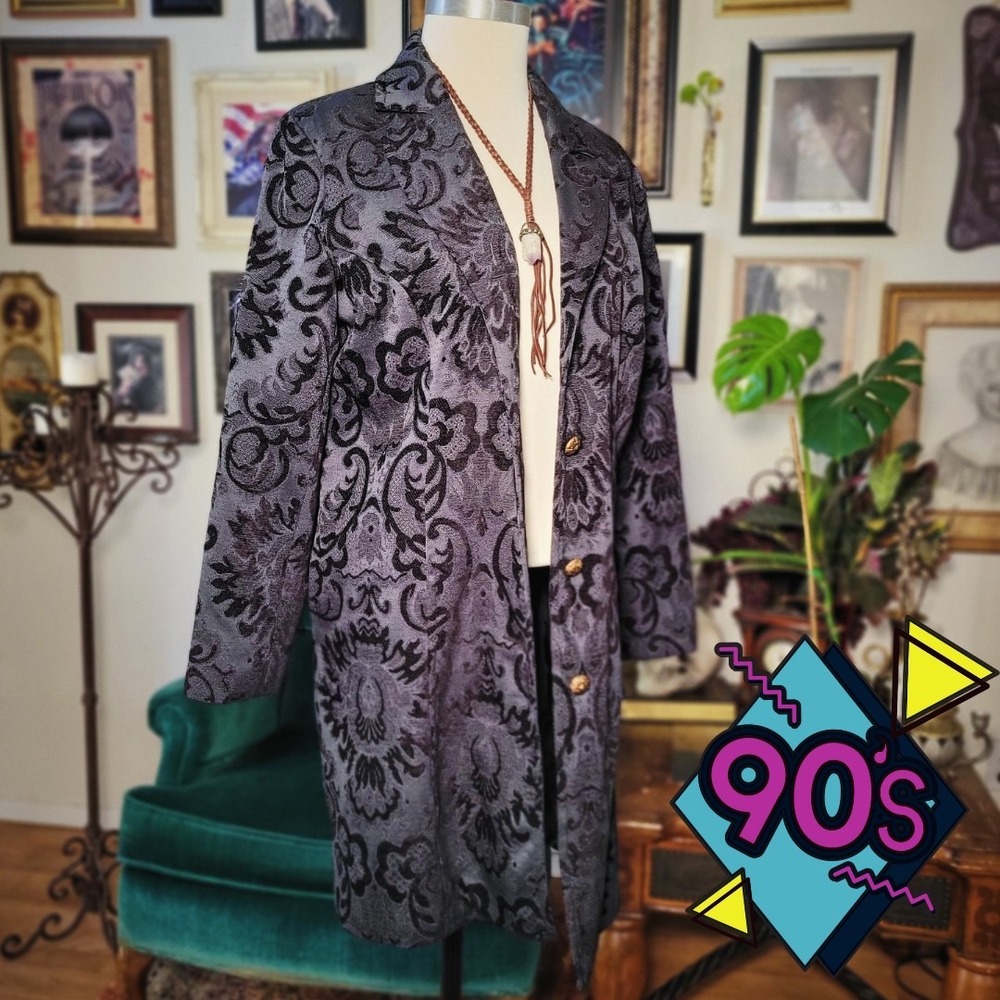 Erin London Damask Coat‎ Vintage 90s Tapestry Grey Black Brocade Long Jacket M